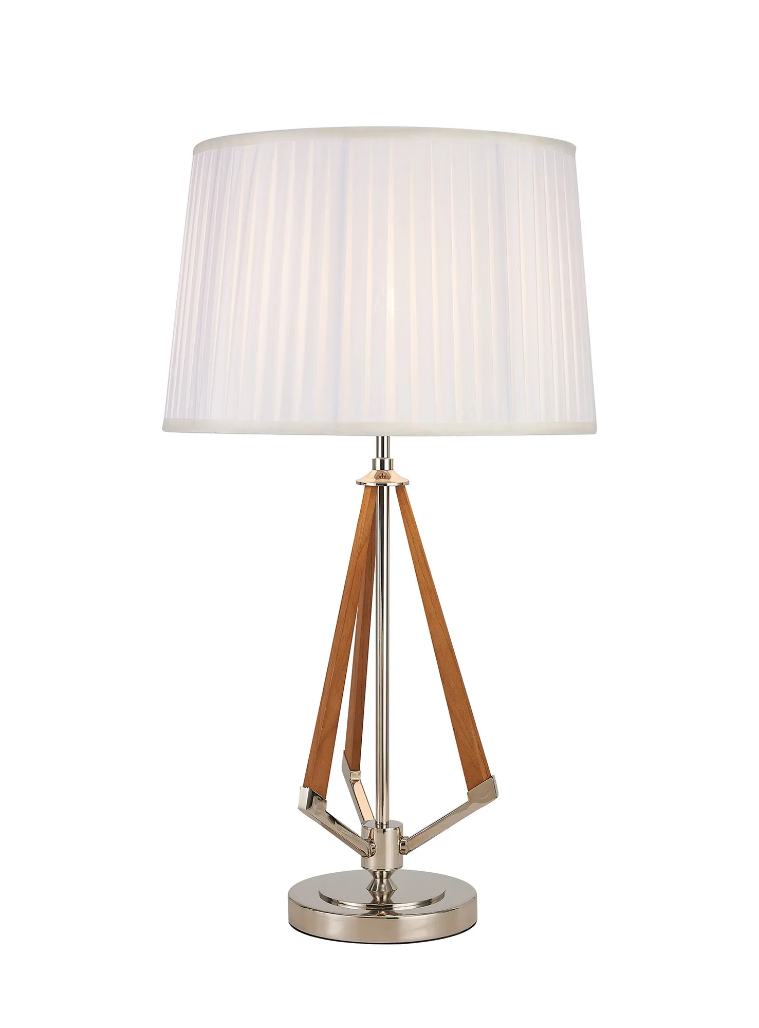 IL32958PN/WH  Hilton Table Lamp, 1 Light E27, Polished Nickel/Taupe Wood/White 22x26.3cm Shade